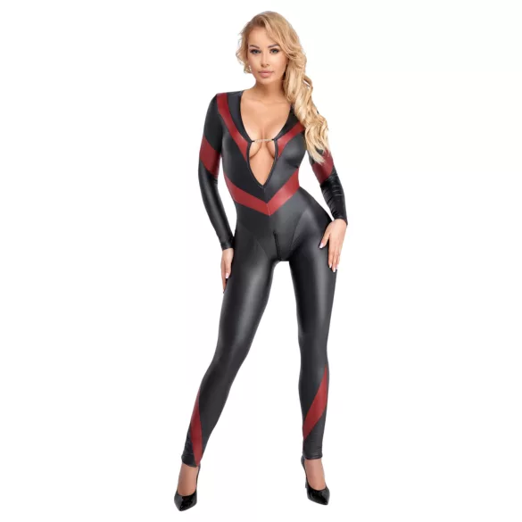 Cottelli - catsuit met rits - lederlook - zwart - M