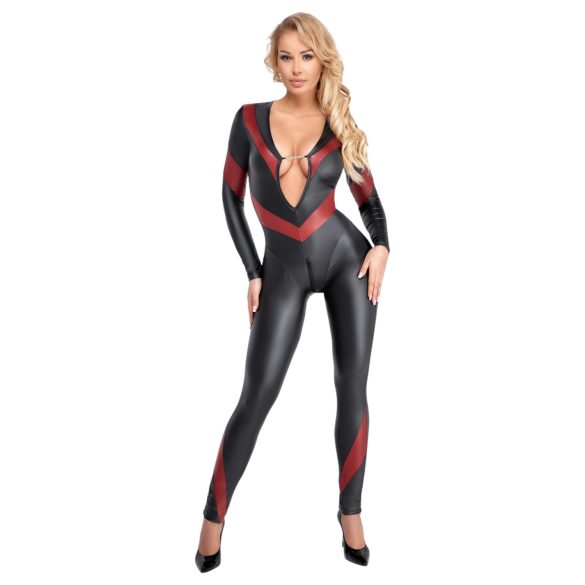 Cottelli - catsuit met rits - lederlook - zwart - L