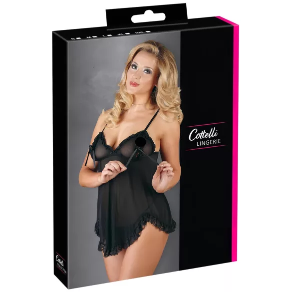 Cottelli - babydoll lingerie - transparant met ruches - zwart - XL