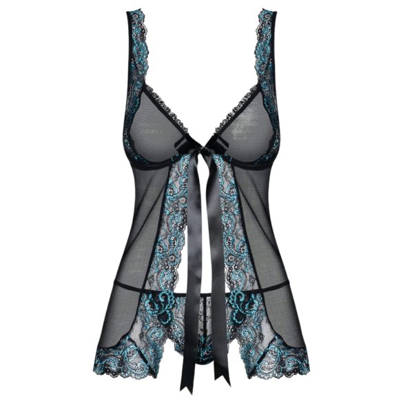 Obsessive Amanta - babydoll met borduursel en string - zwart/turquoise