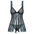 Obsessive Amanta - babydoll met borduursel en string - zwart/turquoise