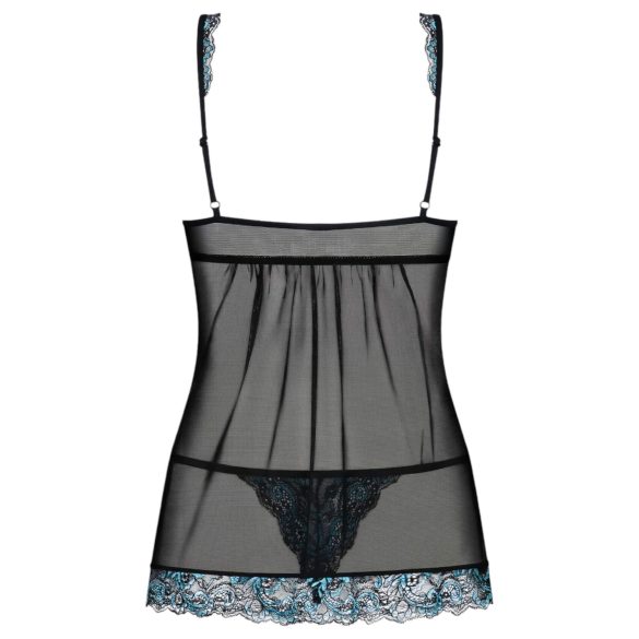 Obsessive Amanta - babydoll met borduursel en string - zwart/turquoise