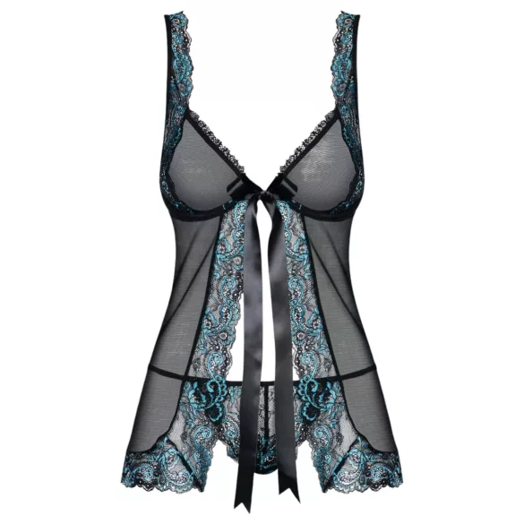 Obsessive Amanta - babydoll met borduursel en string - zwart/turquoise - L/XL