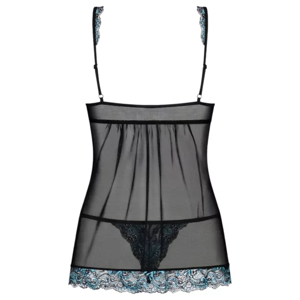 Obsessive Amanta - babydoll met borduursel en string - zwart/turquoise - L/XL