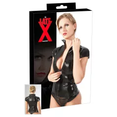 Latex dames top met rits en korte mouwen (zwart)