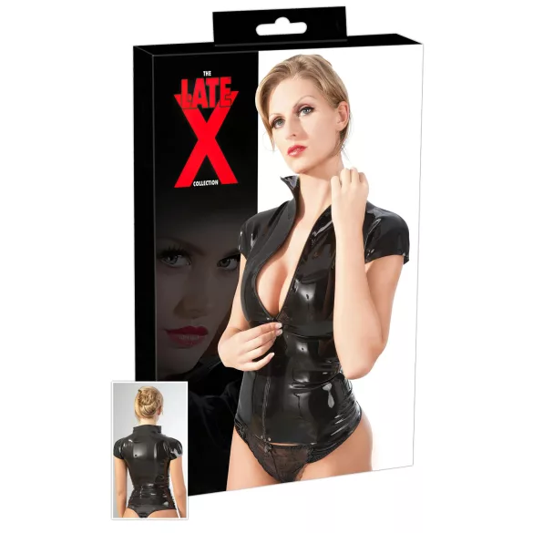 Latex dames top met rits en korte mouwen (zwart) - M