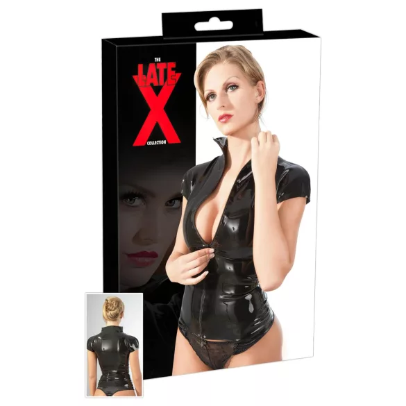 Latex dames top met rits en korte mouwen (zwart) - 2XL