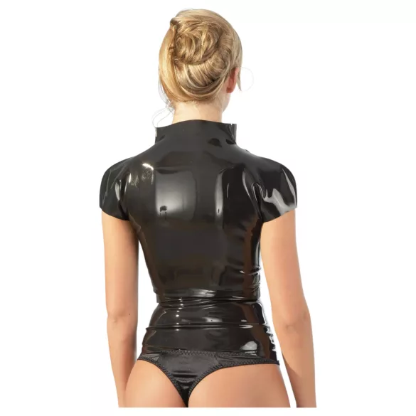 Latex dames top met rits en korte mouwen (zwart) - 2XL
