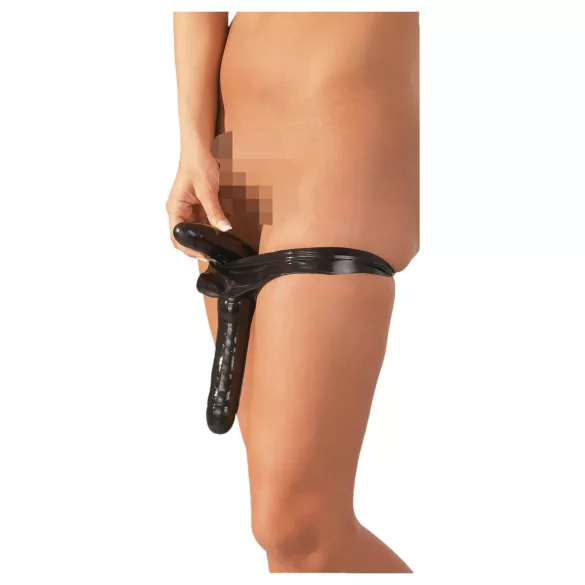 Latex slip met externe en interne dildo (zwart, S-L)