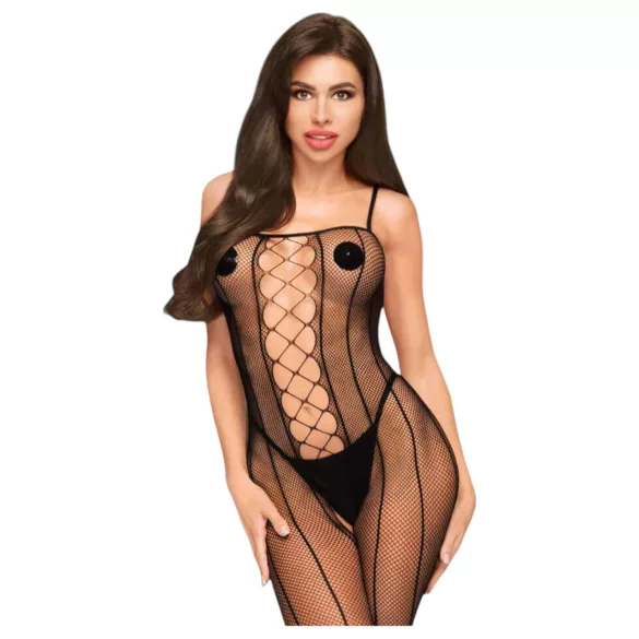 Penthouse Drop-Dead - catsuit met open kruis - netstof en strepen - zwart