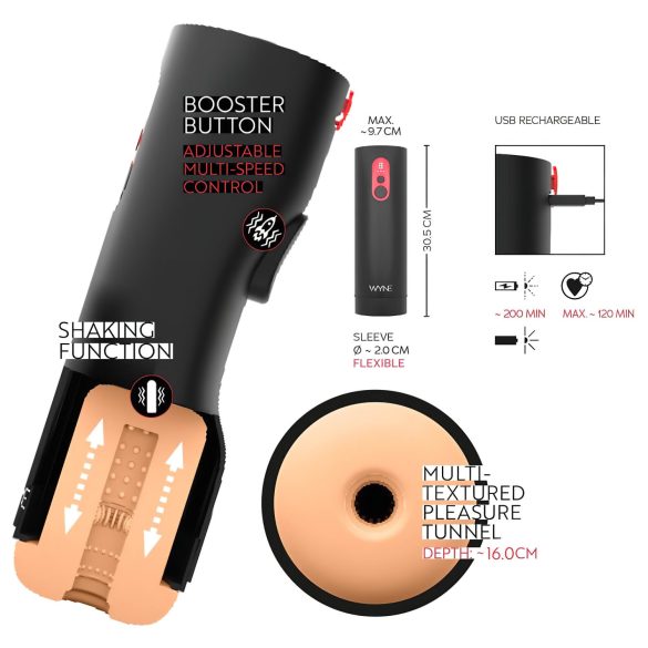 WYNE 08 - Oplaadbare, op-en-neer bewegende masturbator (zwart)