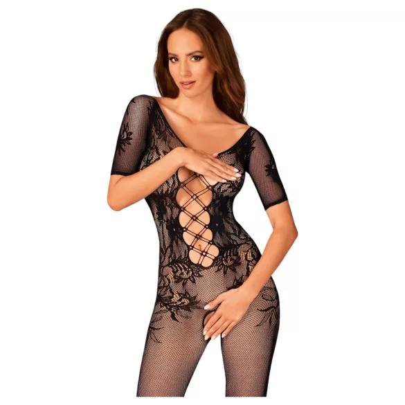 Obsessive - open zwarte net catsuit met rugdecolleté (S-L)