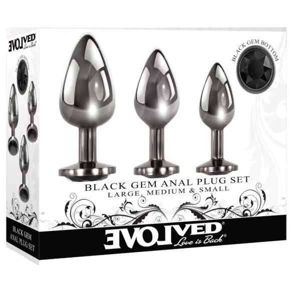 Evolved Black Gem - metalen anaalplugset met zwarte steen (zilver)