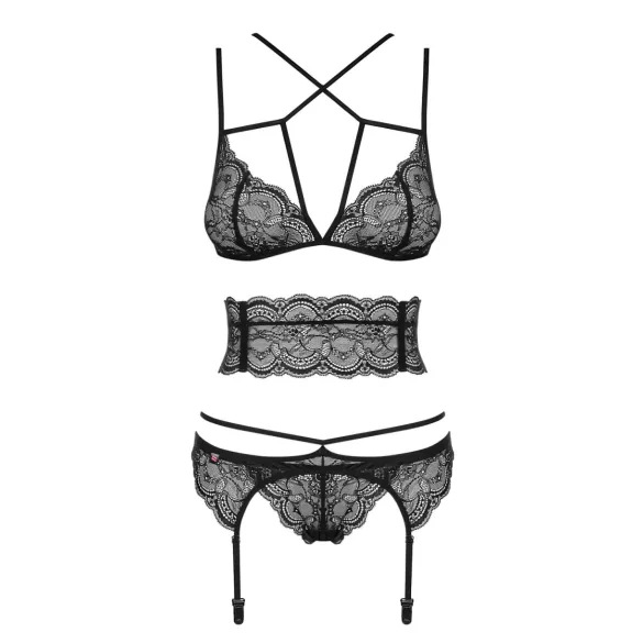 Obsessive Frivolla - pikant kanten lingerie set (zwart) - L/XL
