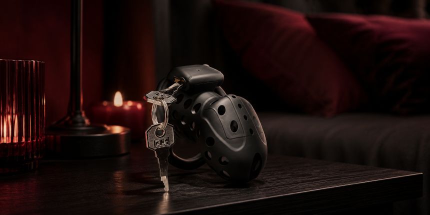 Zwarte kuisheidsgordel met sleutels op een nachtkastje, uit de lovesexshop.be sex shop gids