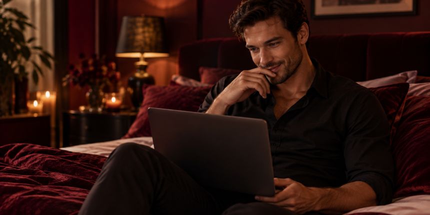 Man zit op bed met een laptop en leest tips voor aangenamer masturberen | lovesexshop.be sex shop